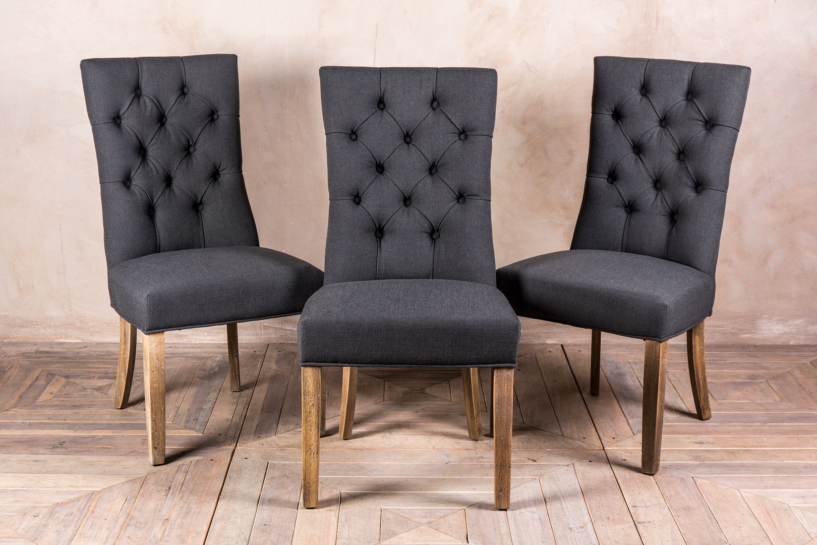 FRENCH STYLE UPHOLSTERED DINING CHAIR IN PEWTER GREY WITH BUTTON BACK